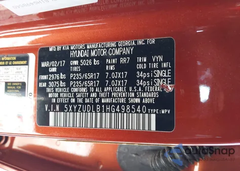 2017 Hyundai Santa Fe Sport 2.4L z USA, uszkodzony, nr VIN 5XYZUDLB1HG498540